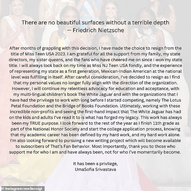 Srivastava's statement thanked her supporters for 'who I am and have always been, not for who I've momentarily become', alongside a pointed quote from philosopher Friedrich Nietzsche