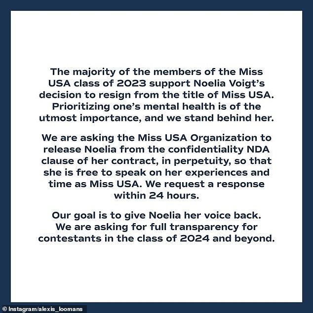 Voigt's fellow competitors took her side this week in a joint statement, calling for her to be released from her NDA 'to give Noelia her voice back'